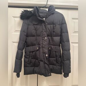 DKNY Women’s Black Fitted Puffer Cost Black Faux Fur Removable Hood Small